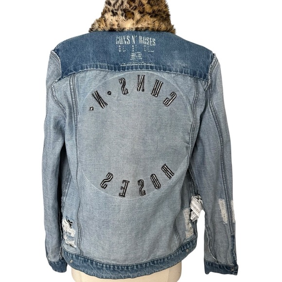 Guns N’ Roses Distressed Denim Trucker Band Jacket Leopard Faux Fur Collar M - Picture 10 of 15